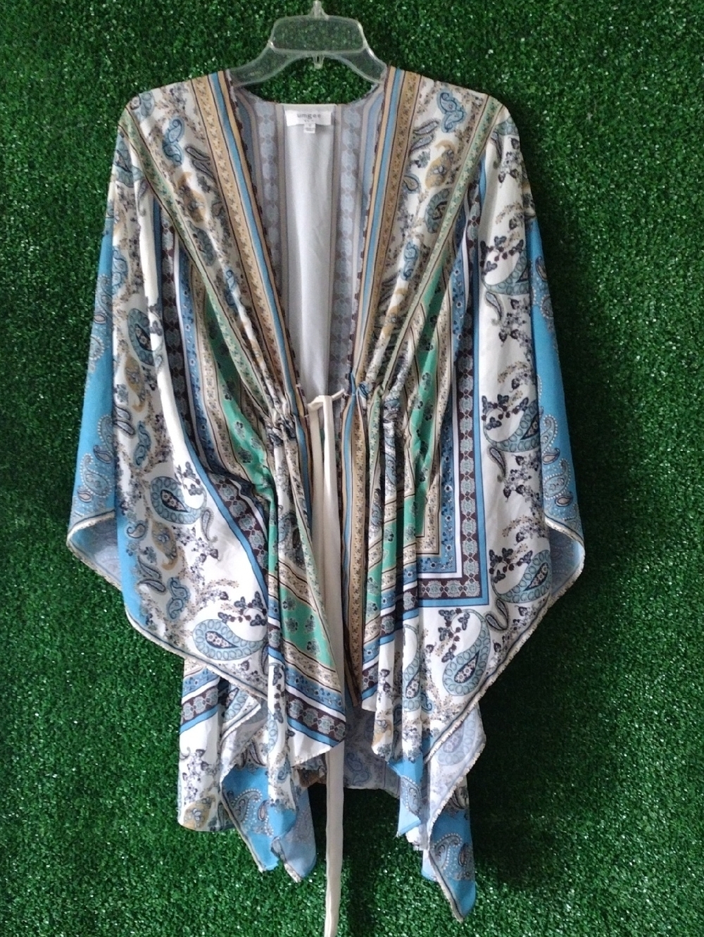 Umgee Striped Paisley Open Kimono in Blue, Gray & Cream